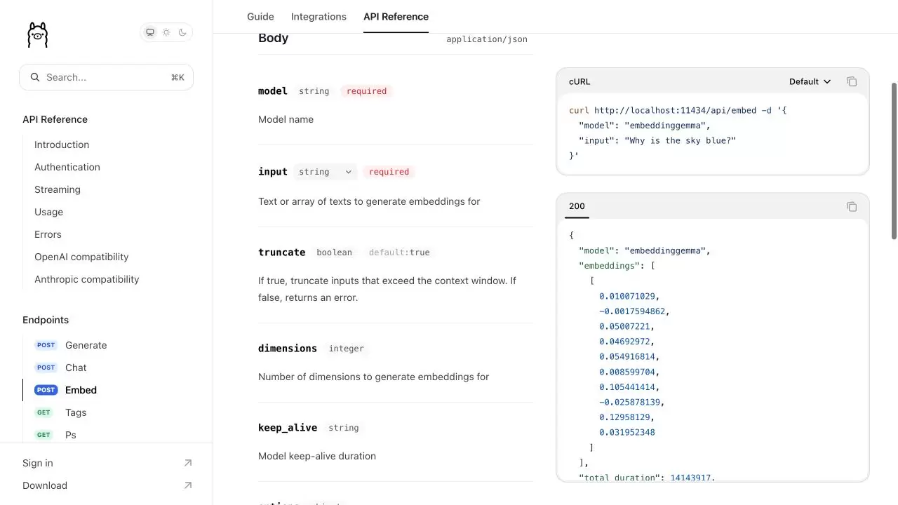 Ollama 官方 Embed API 页面显示 input、truncate、dimensions 和 keep alive 请求字段
